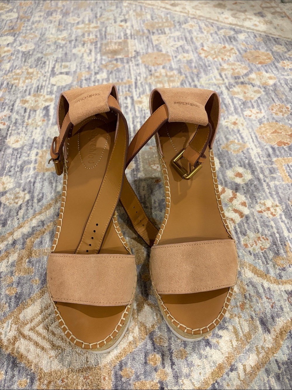 See By Chloe Tan Suede Wedge Sandals with Buckle Strap